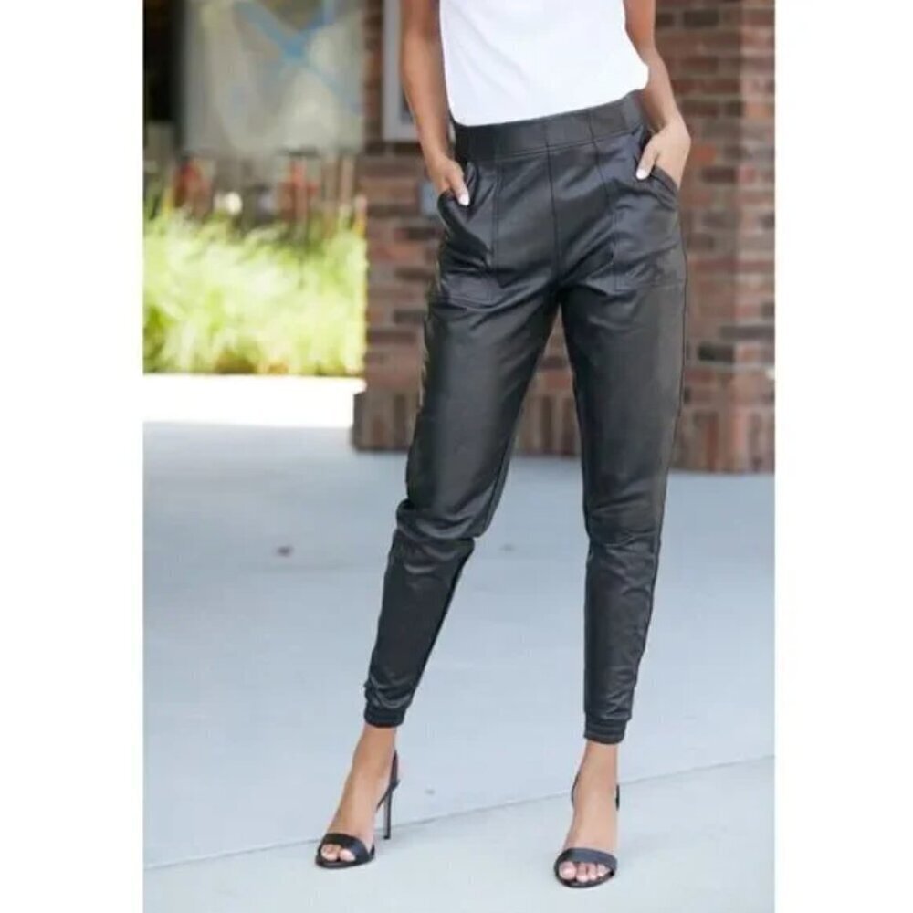 SPANX | Leather Like Pull On Black Joggers - Size L